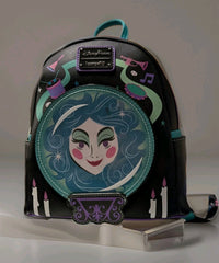 Loungefly mini backpack with Haunted Mansion Madame Leota design, teal accents, candles, and musical instruments on black faux leather