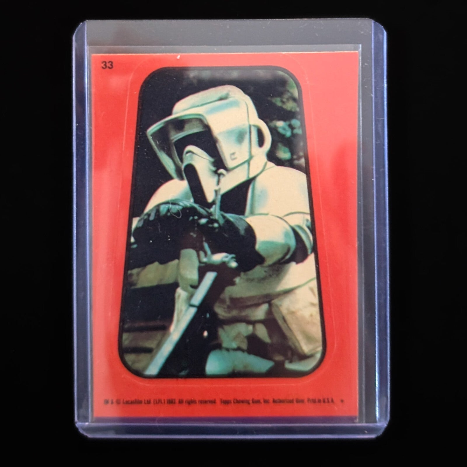1983 Topps Return of the Jedi sticker featuring Scout Trooper in red border, vintage collectible by Go Figment