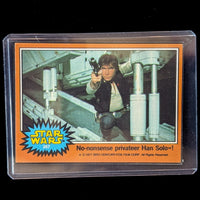 1977 Go Figment vintage Topps Star Wars card featuring Han Solo with a blaster in orange Series 4 border