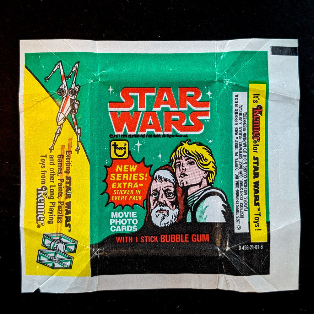 1977 Topps Star Wars Green Series 4 card wrapper featuring Luke Skywalker and Obi-Wan Kenobi by Go Figment