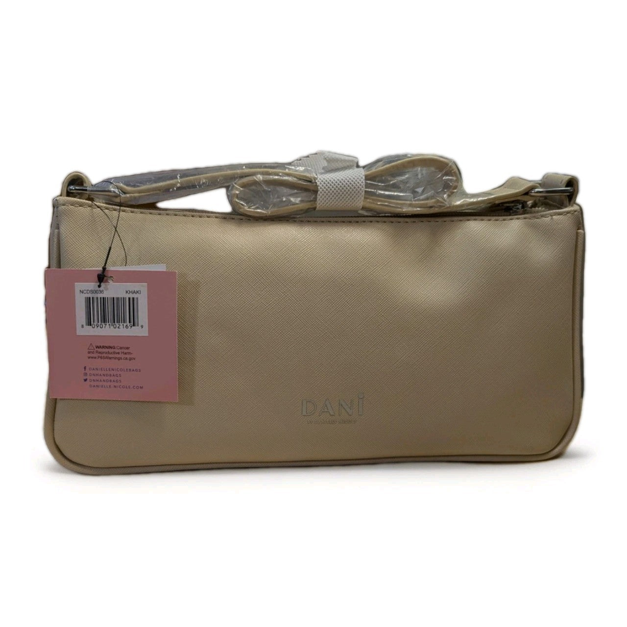 Danielle Nicole beige Belle crossbody bag with sleek smooth finish and subtle embossed logo on front