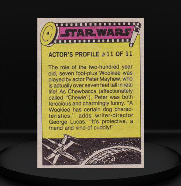 1977 Go Figment Star Wars trading card with actor profile of Peter Mayhew as Chewbacca from RED Series 2 set