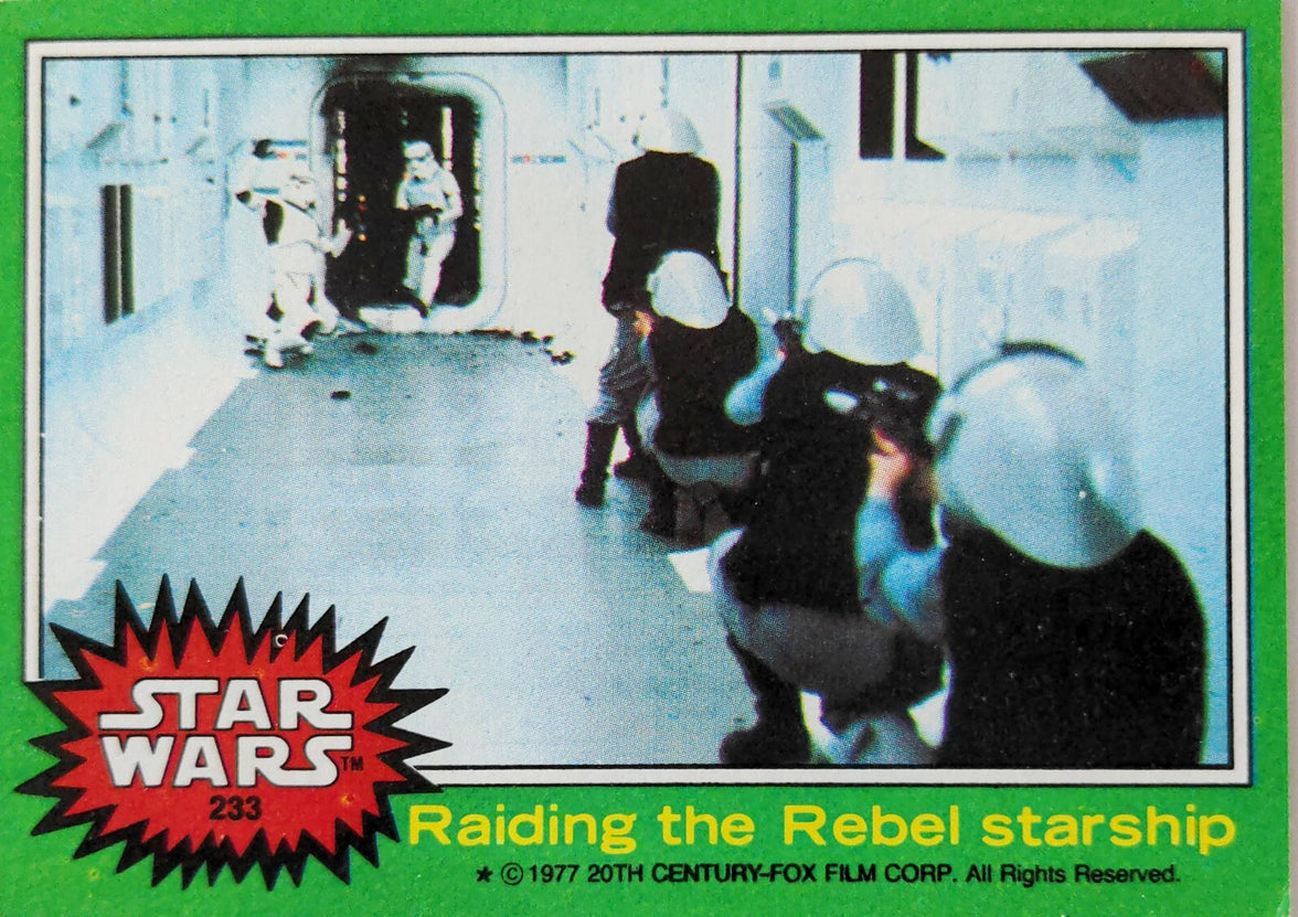 1977 Topps Star Wars card showing stormtroopers raiding a Rebel starship from Go Figment collection