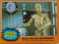 1977 Go Figment TOPPS Star Wars card featuring droids C-3PO and R2-D2 in Stormtrooper control room