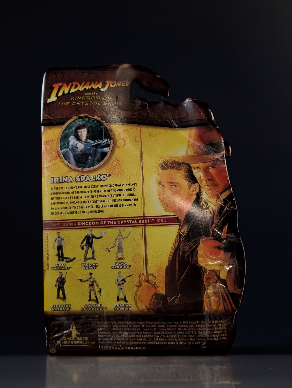 Hasbro Indiana Jones Irina Spalko action figure packaging from Kingdom of the Crystal Skull series with character images