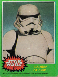 Vintage 1977 Star Wars Stormtrooper trading card from Go Figment with green border and retro design