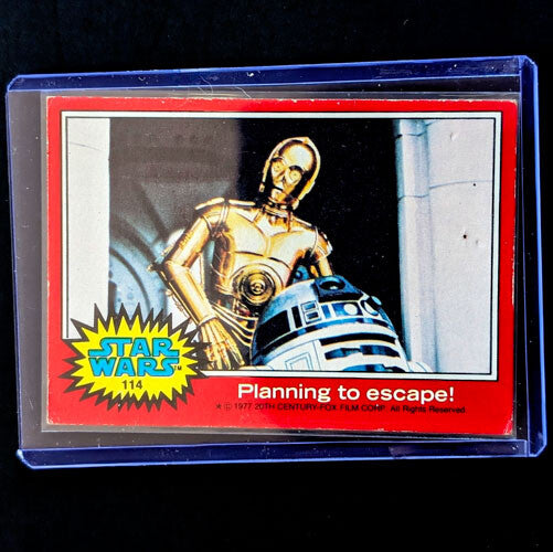 1977 Go Figment Star Wars trading card featuring C-3PO and R2-D2 titled Planning to escape in red border case