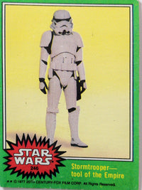 1977 Go Figment Star Wars trading card featuring a Stormtrooper with green border from the Topps Green Series 4