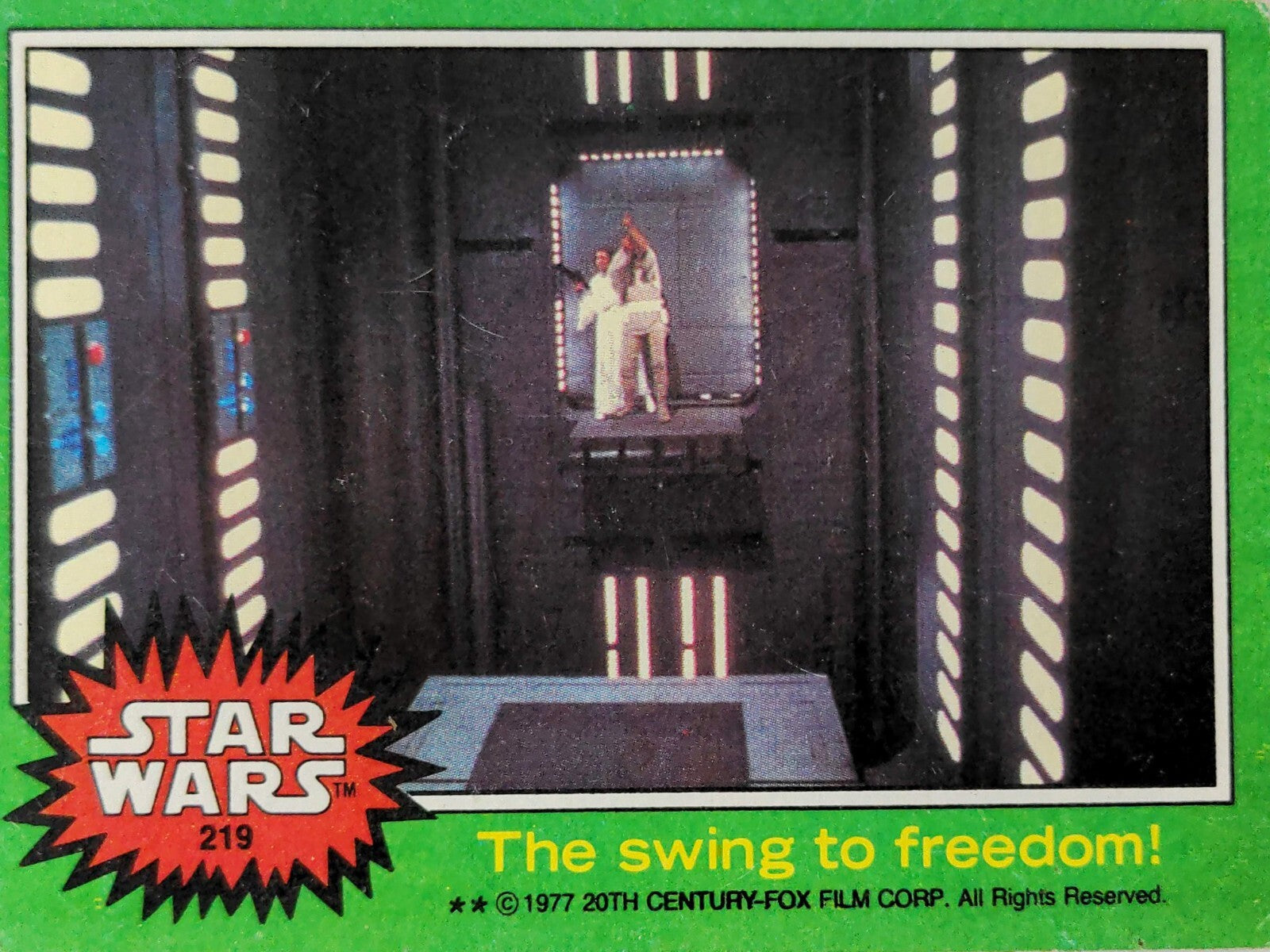 1977 TOPPS Star Wars card showing a scene with Luke and Princess Leia in a corridor by Go Figment