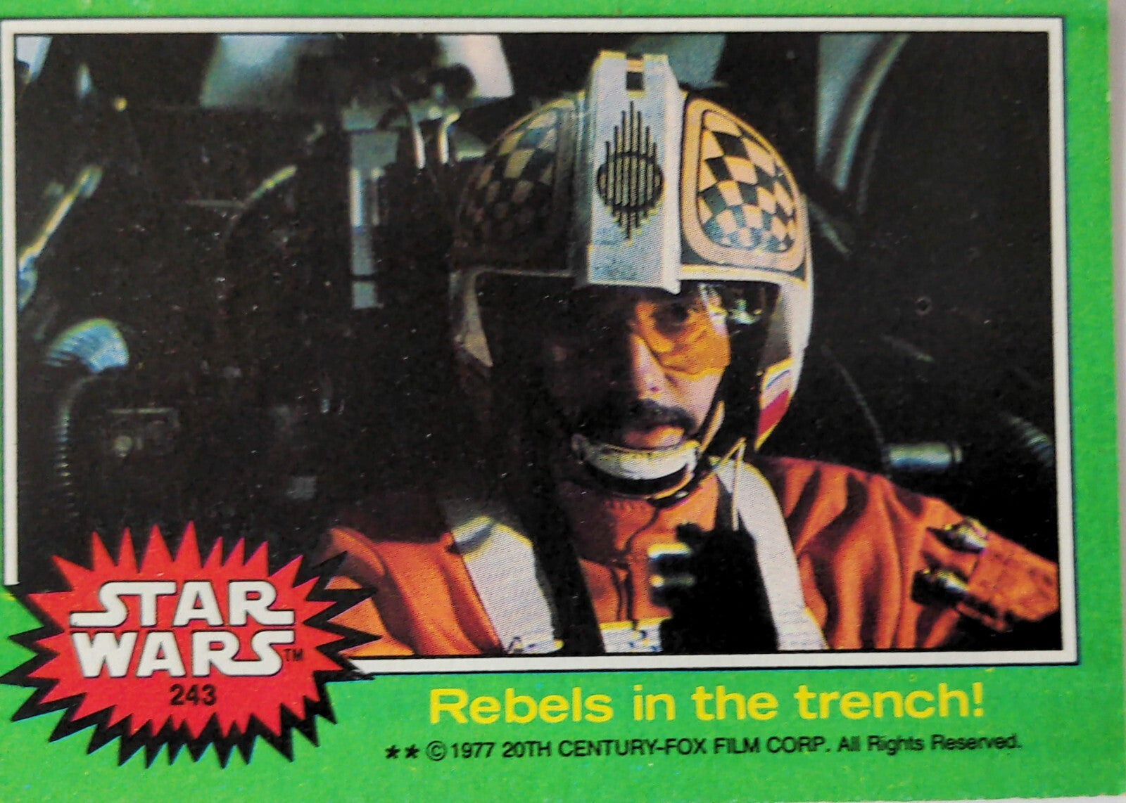 1977 Go Figment Star Wars trading card featuring a pilot in helmet with green border and Rebels in the trench text