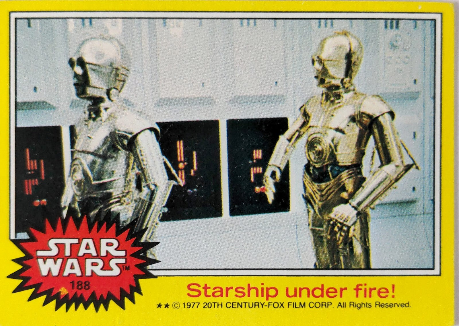 Vintage Star Wars card Starship Under Fire featuring C-3PO and protocol droid in spaceship interior