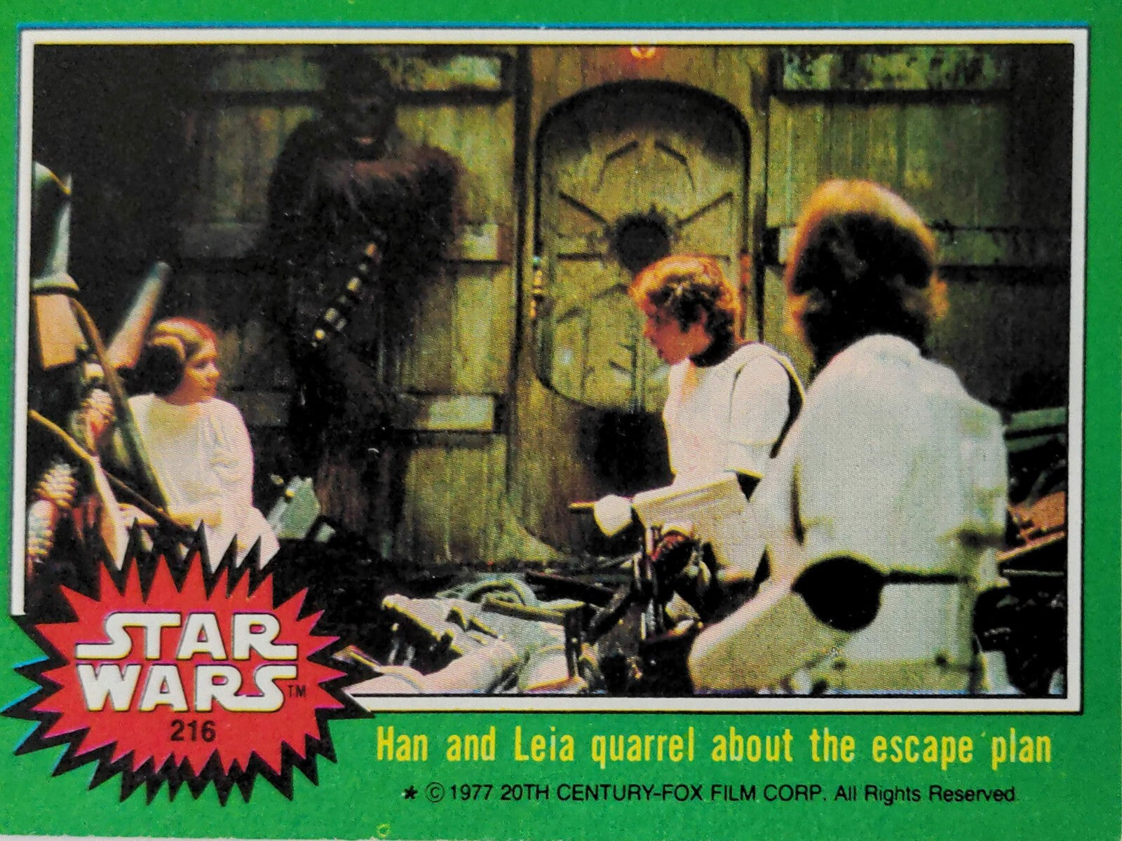 1977 Go Figment Star Wars trading card showing Han, Leia, Chewbacca, and stormtrooper discussing escape plan