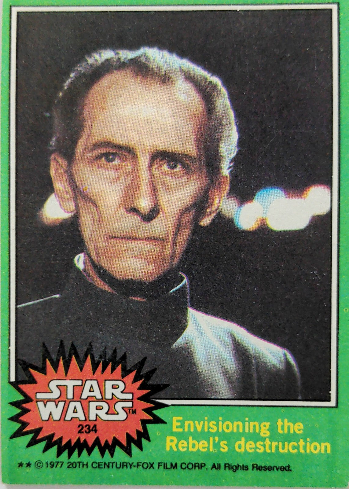 1977 Go Figment Star Wars trading card featuring a serious character with a dark uniform and blurred background lights