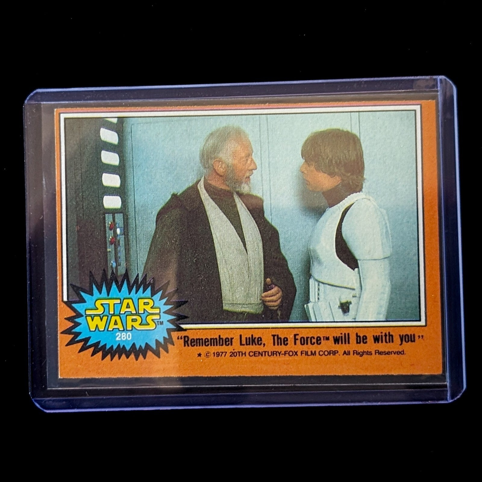 1977 Go Figment TOPPS Star Wars card featuring Obi-Wan Kenobi and Luke Skywalker with vintage design.