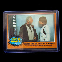 1977 Go Figment TOPPS Star Wars card featuring Obi-Wan Kenobi and Luke Skywalker with vintage design.