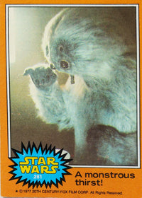 Vintage 1977 Go Figment Star Wars trading card featuring a Wampa creature titled A monstrous thirst