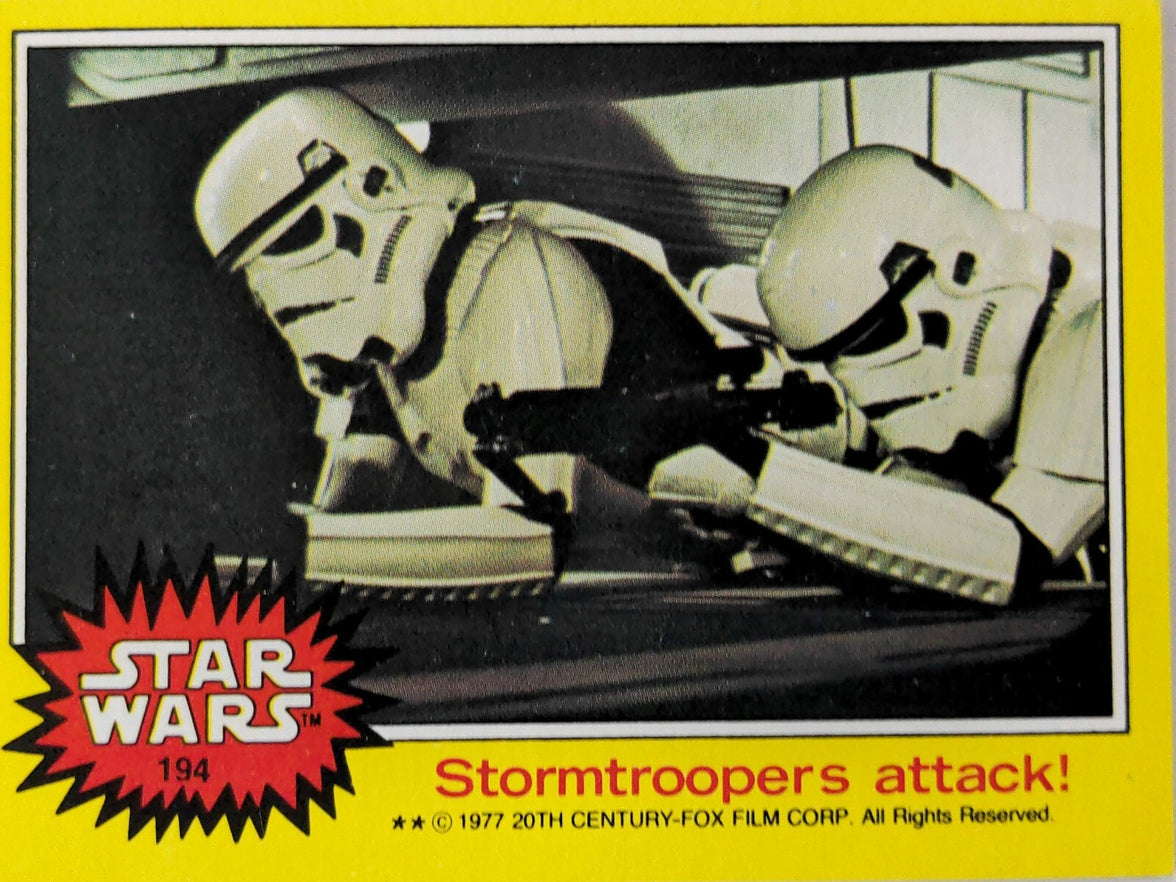 Vintage Star Wars card Stormtroopers attack scene with two stormtroopers aiming weapons inside vehicle