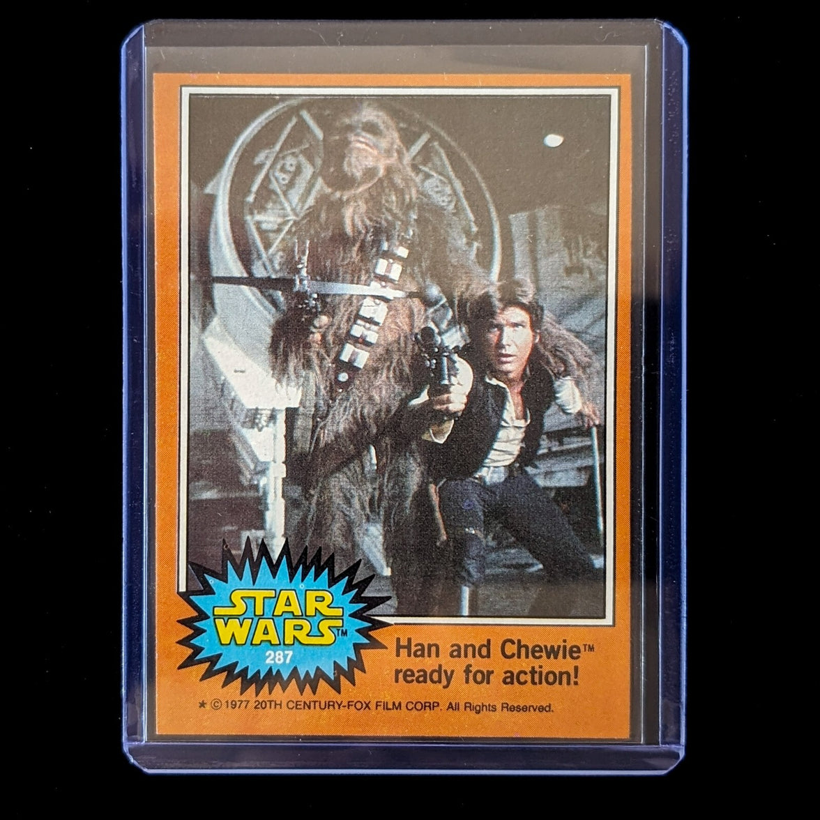 1977 Go Figment Star Wars trading card featuring Han Solo and Chewbacca in action from Orange Series 4