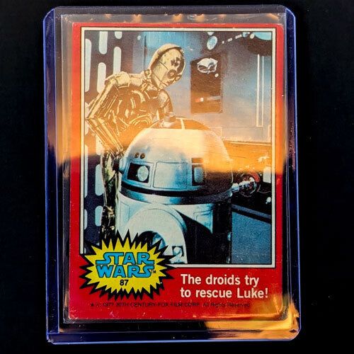 Vintage 1977 Star Wars trading card showing C-3PO and R2-D2 with Go Figment branding