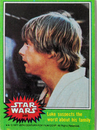 Vintage 1977 Star Wars card showing Luke Skywalker profile, from Go Figment's Topps Green Series 4 collection