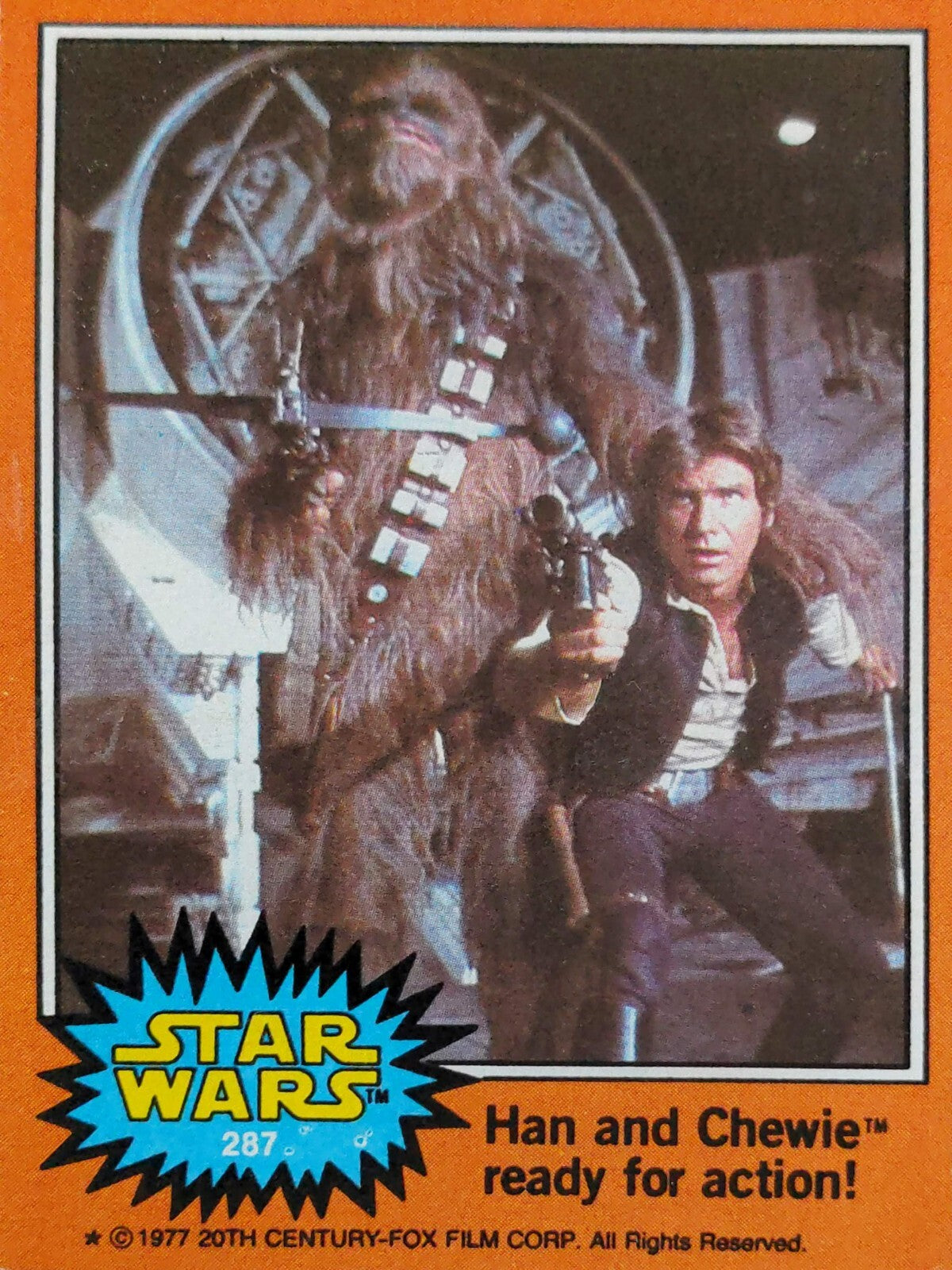 Vintage Go Figment 1977 TOPPS Star Wars card featuring Han Solo and Chewie in action scene from the original film.