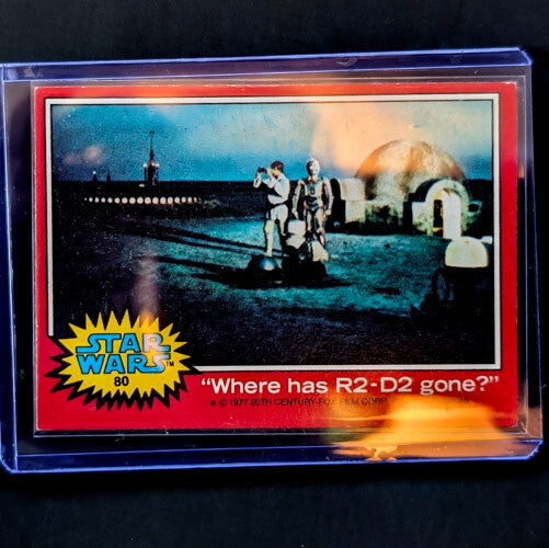 1977 Topps Star Wars trading card featuring Luke and C-3PO with vintage Go Figment branding in red border series 2