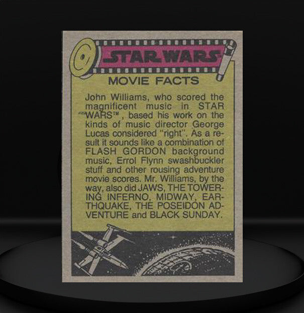 1977 Go Figment Topps Star Wars Movie Facts trading card featuring John Williams and iconic film scores details