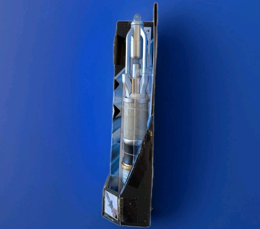 Official Character Online BBC 14th Doctor Sonic Screwdriver cosplay prop toy in display packaging on blue background
