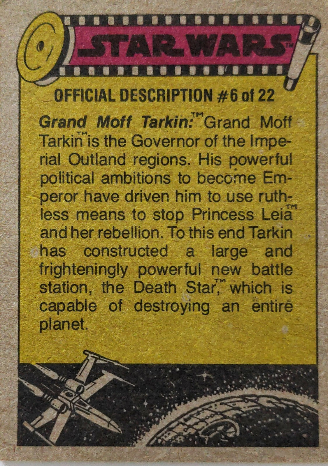 Vintage Star Wars card official description #6 featuring Grand Moff Tarkin and the Death Star battle station details
