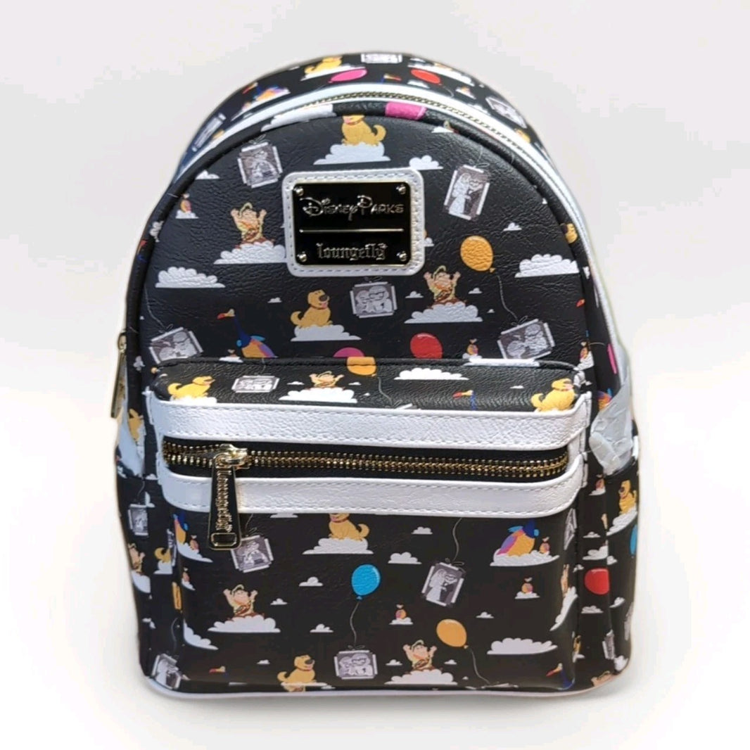 Loungefly black faux leather mini backpack with Winnie the Pooh characters and colorful balloons print