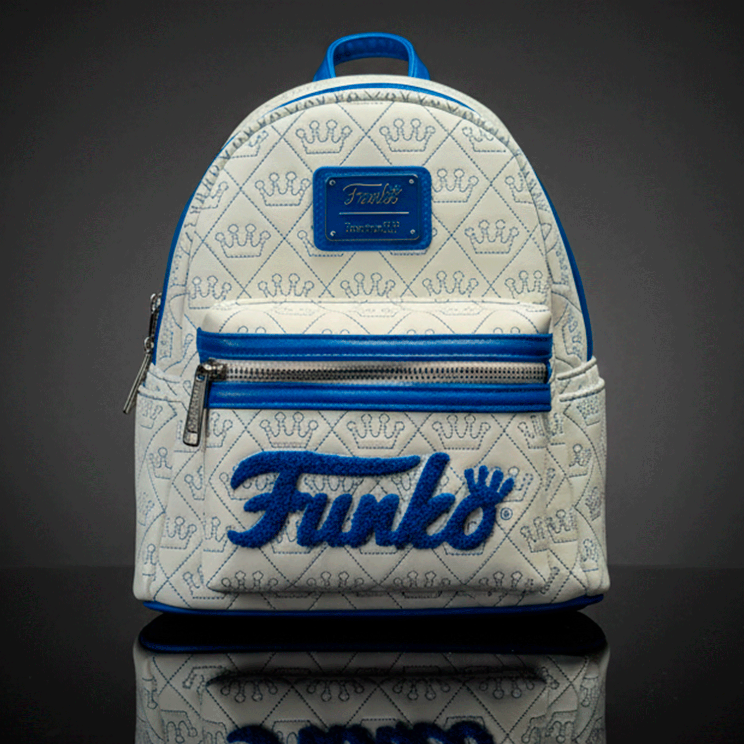Loungefly mini backpack in white vegan leather with blue Funko logo and crown quilted pattern with blue stitching