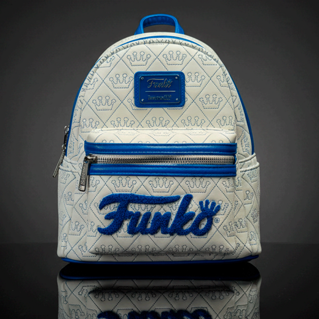 Loungefly mini backpack in white vegan leather with blue Funko logo and crown quilted pattern with blue stitching