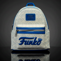 Loungefly mini backpack in white vegan leather with blue Funko logo and crown quilted pattern with blue stitching