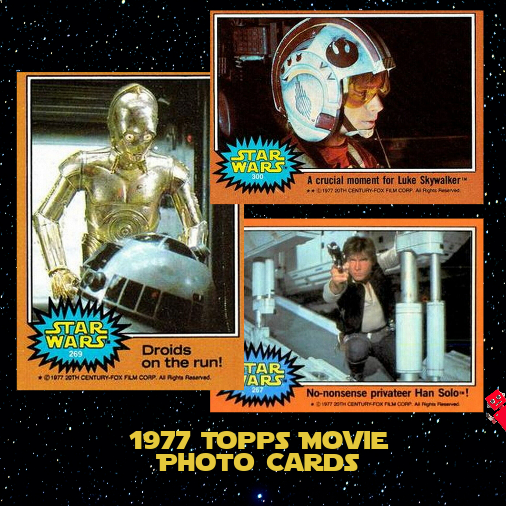 1977 Go Figment TOPPS Star Wars trading cards featuring C-3PO, Luke Skywalker, and Han Solo scenes from the original film