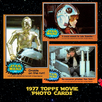 1977 Go Figment TOPPS Star Wars trading cards featuring C-3PO, Luke Skywalker, and Han Solo scenes from the original film