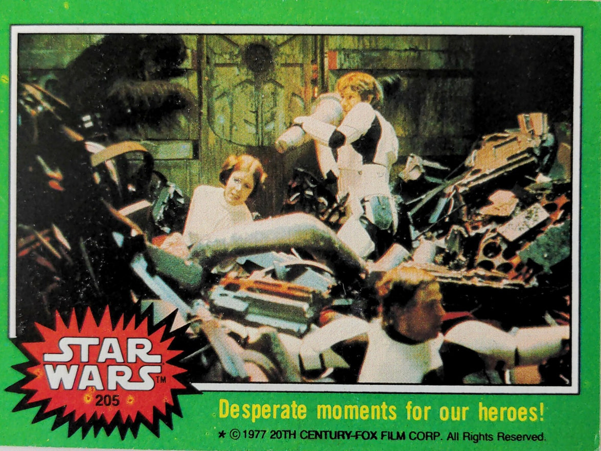 1977 Go Figment Star Wars trading card featuring a dramatic scene with heroes in a vintage style green border design