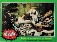1977 Go Figment Star Wars trading card featuring a dramatic scene with heroes in a vintage style green border design