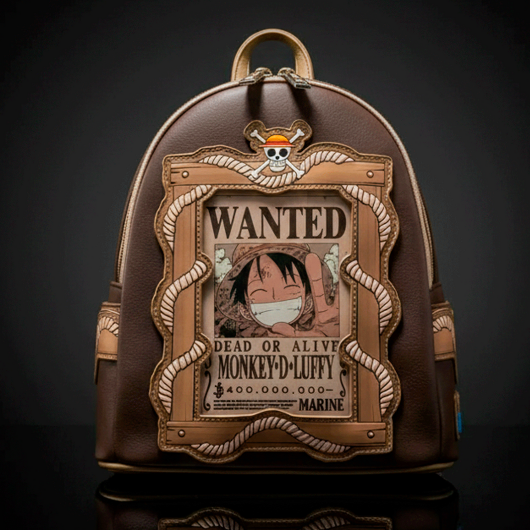 Loungefly mini backpack featuring Monkey D. Luffy wanted poster design with brown faux leather and pirate skull emblem