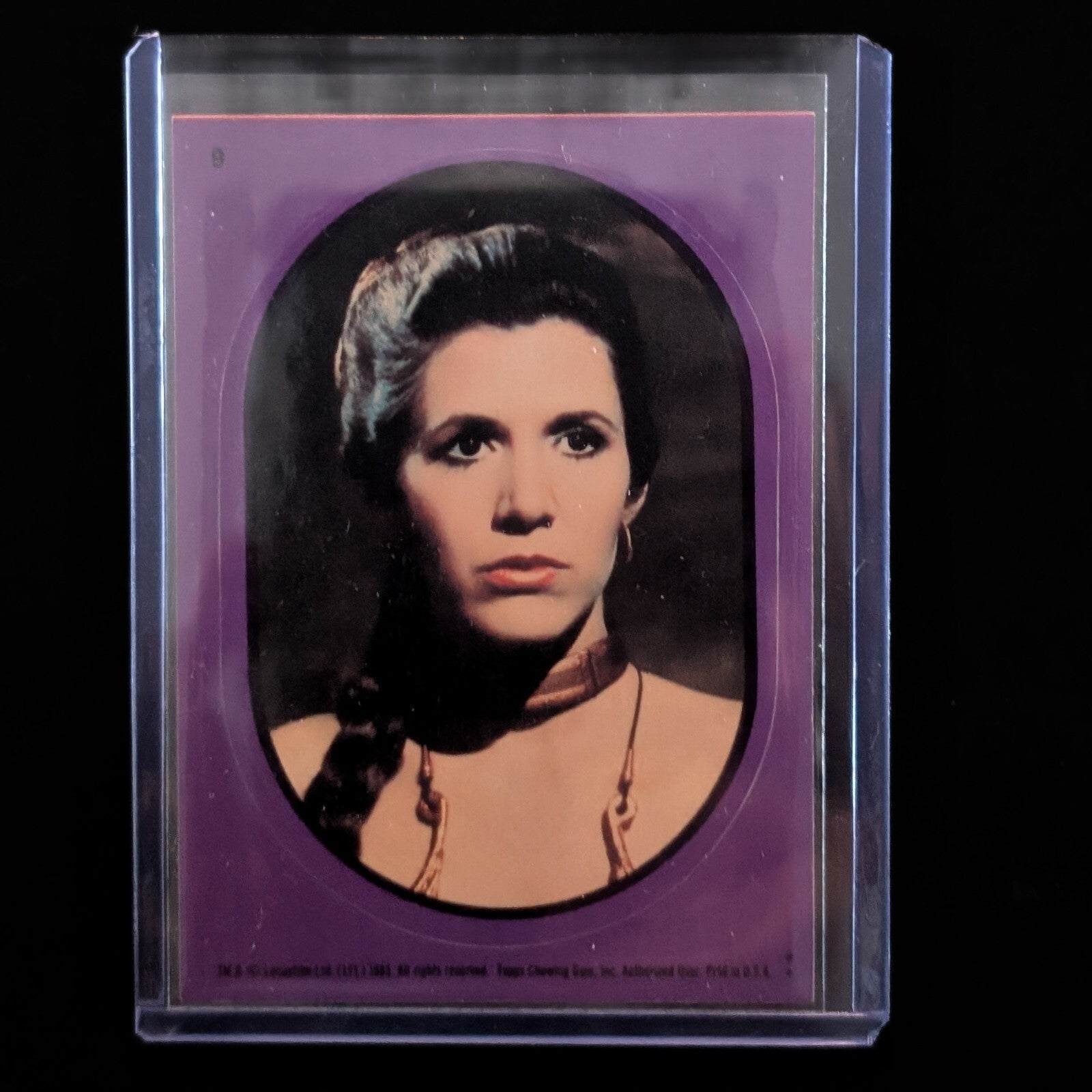 Vintage 1983 Topps Return of the Jedi Princess Leia sticker card, protected in sleeve by Go Figment collector.