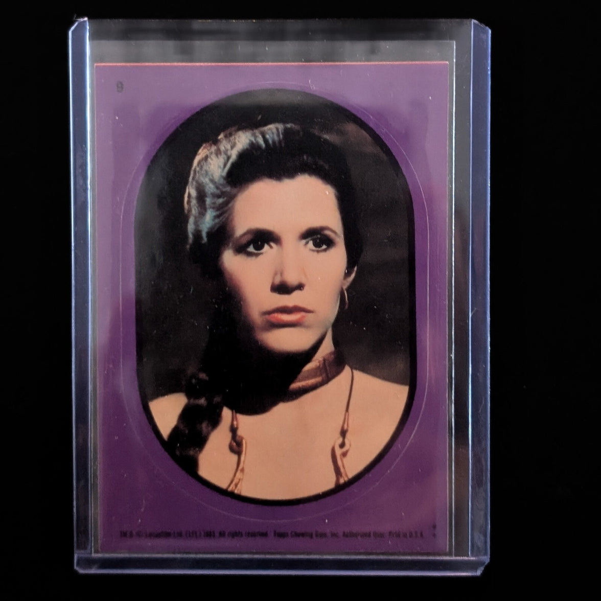 Vintage 1983 Topps Return of the Jedi Princess Leia sticker card, protected in sleeve by Go Figment collector.