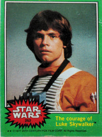 1977 Go Figment Star Wars trading card featuring Luke Skywalker in pilot outfit with green border and vintage design