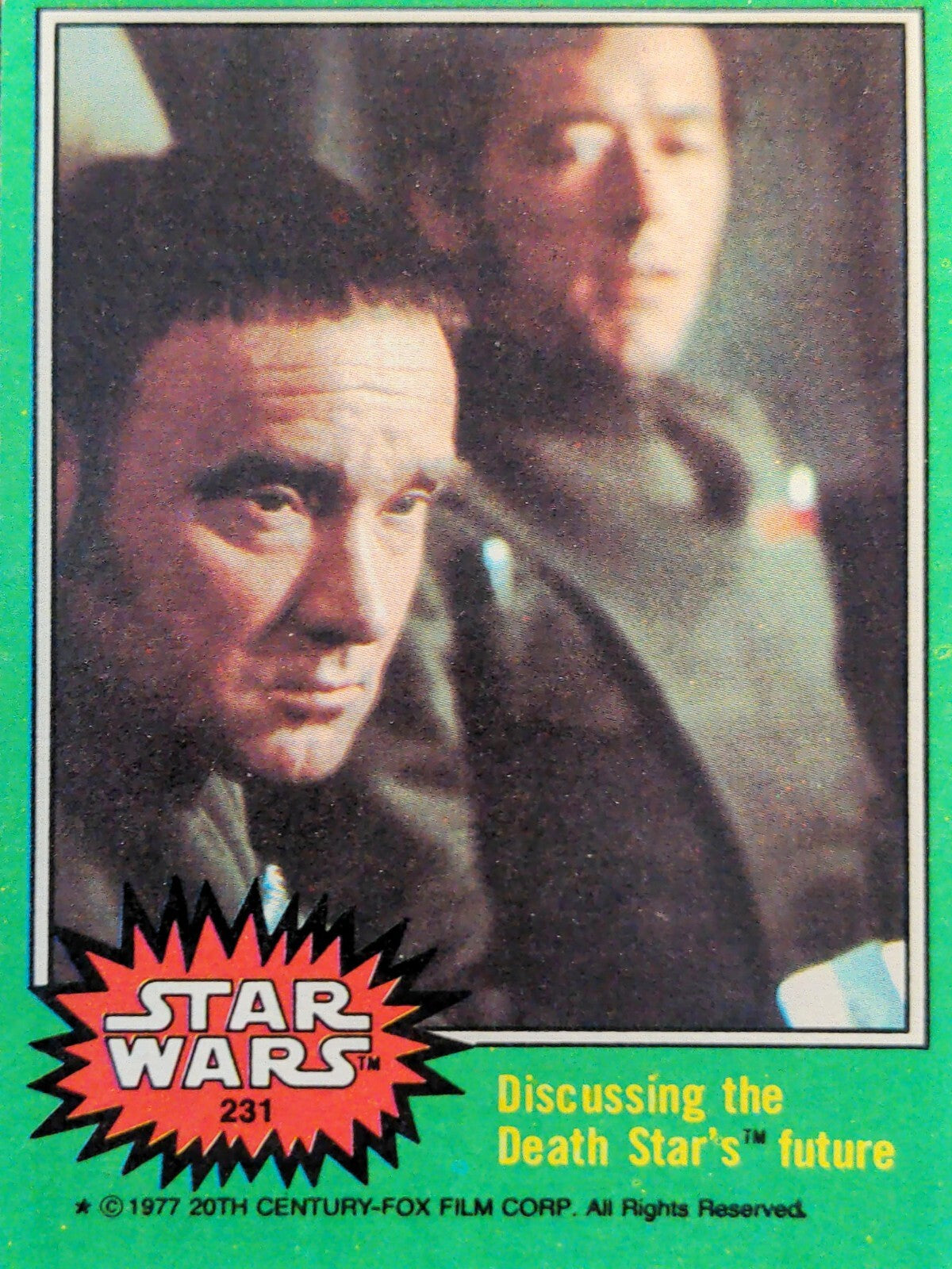 Vintage 1977 Star Wars trading card showing officers discussing the Death Star’s future from Go Figment collection