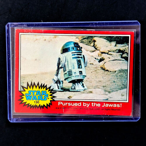 1977 Go Figment Star Wars trading card featuring R2-D2 with red border and caption Pursued by the Jawas