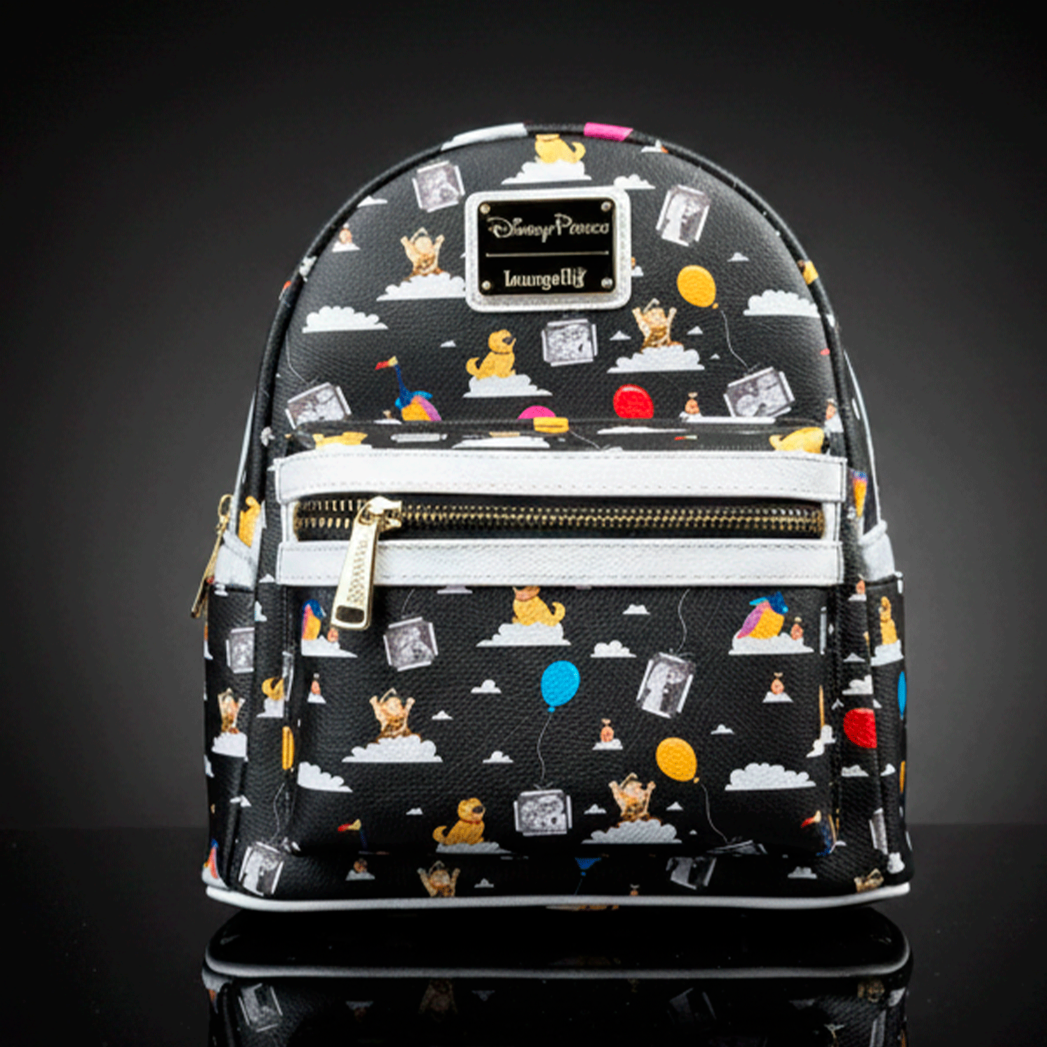 Loungefly black faux leather mini backpack with Up characters, colorful balloons, and front zipper pocket detail