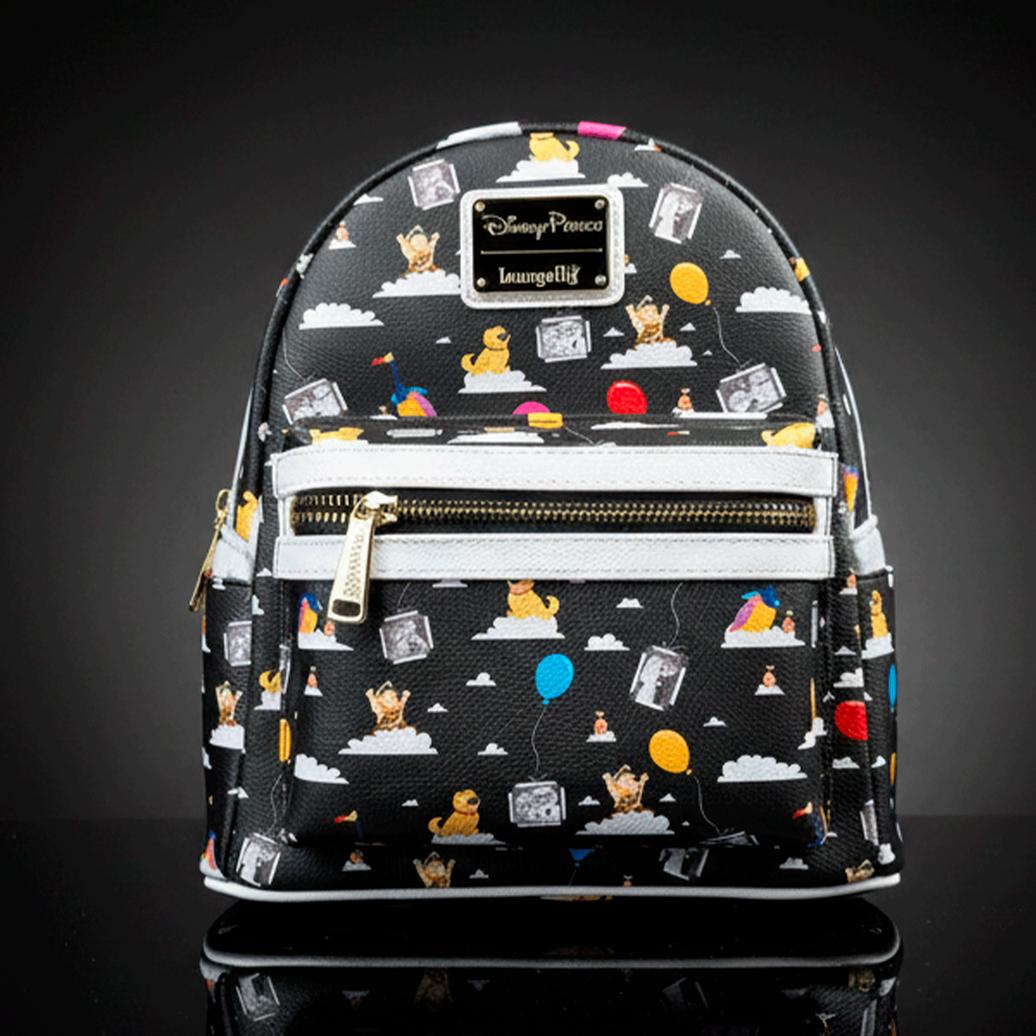 Loungefly black faux leather mini backpack with Up characters, colorful balloons, and front zipper pocket detail