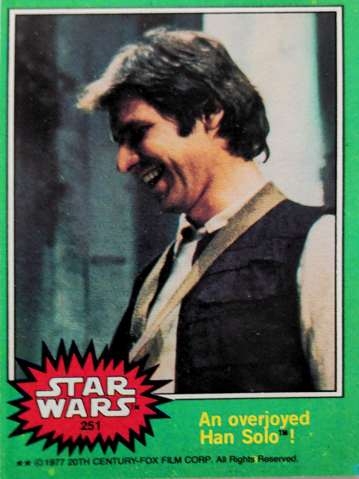 1977 Go Figment Star Wars trading card featuring an overjoyed Han Solo from the Green Series 4 collection