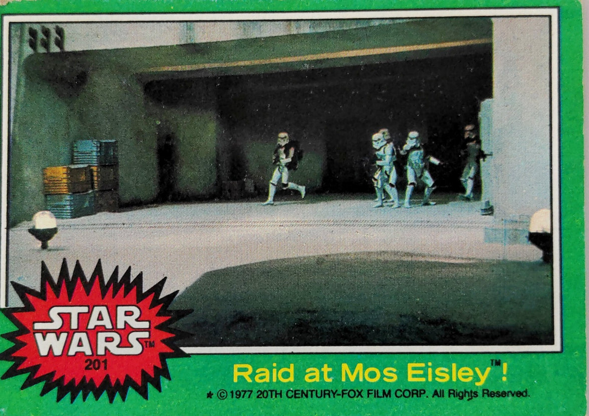1977 Topps Star Wars trading card featuring a Mos Eisley raid scene, offered by Go Figment vintage collection.
