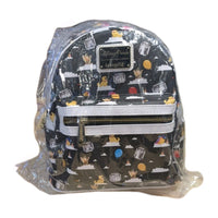 Loungefly black faux leather mini backpack with Winnie the Pooh pattern and colorful balloons wrapped in protective plastic packaging