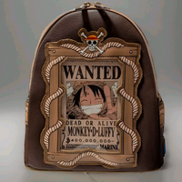 Front view of Loungefly mini backpack with Monkey D. Luffy wanted poster and rope detailing on brown faux leather