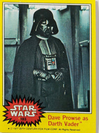 Vintage Star Wars trading card featuring Dave Prowse as Darth Vader with yellow border and copyright text